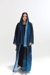 Ocean Blue Ombre Striped Open Abaya with Scarf