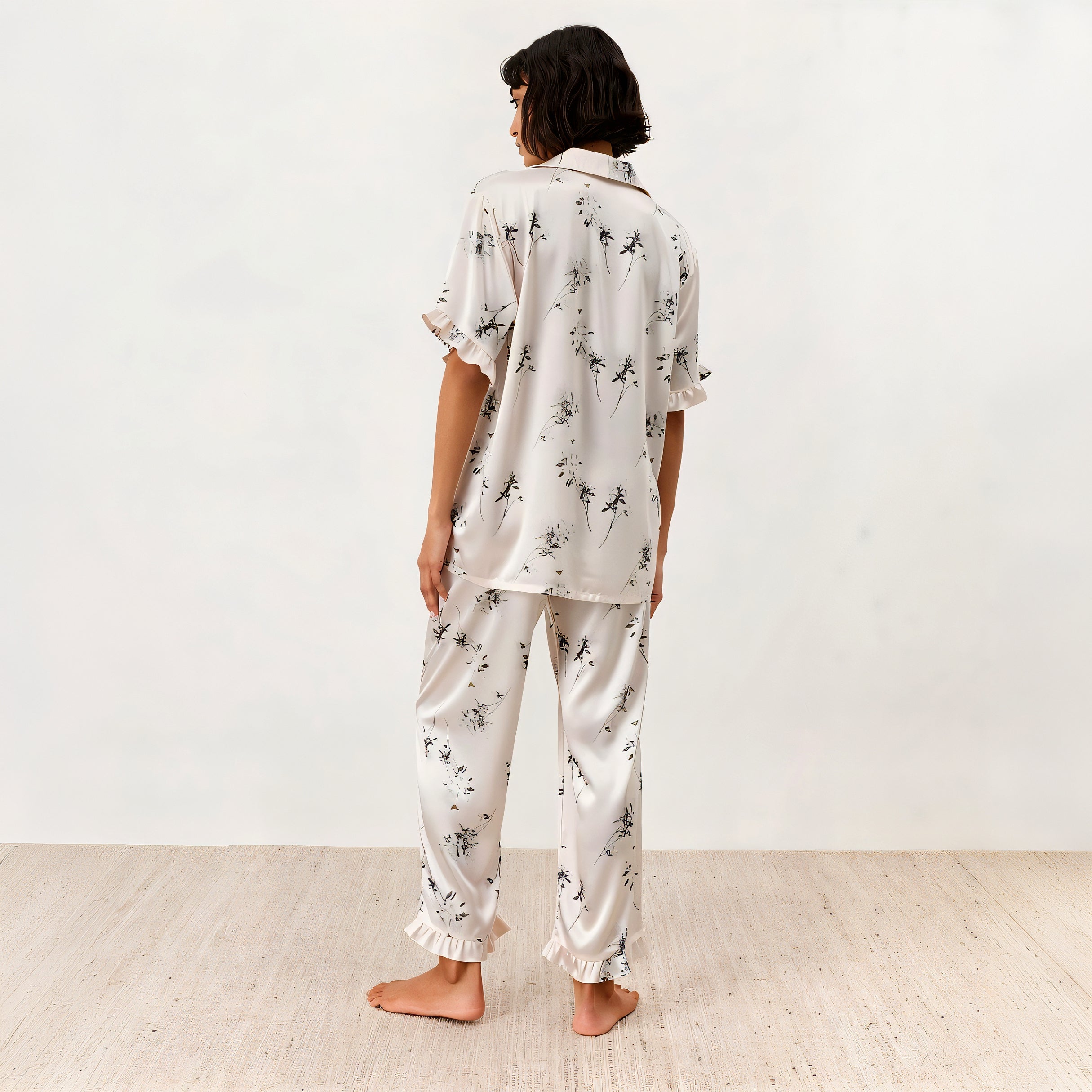 Champagne Blossom Ruffled Silky Pajama Set