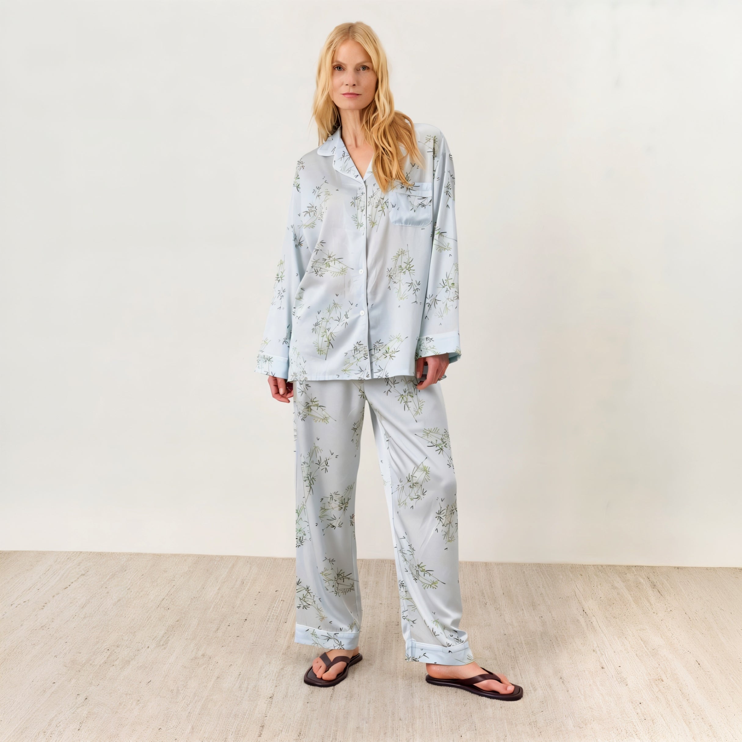 Serene Botanical Silky Button-Down Pajama Set