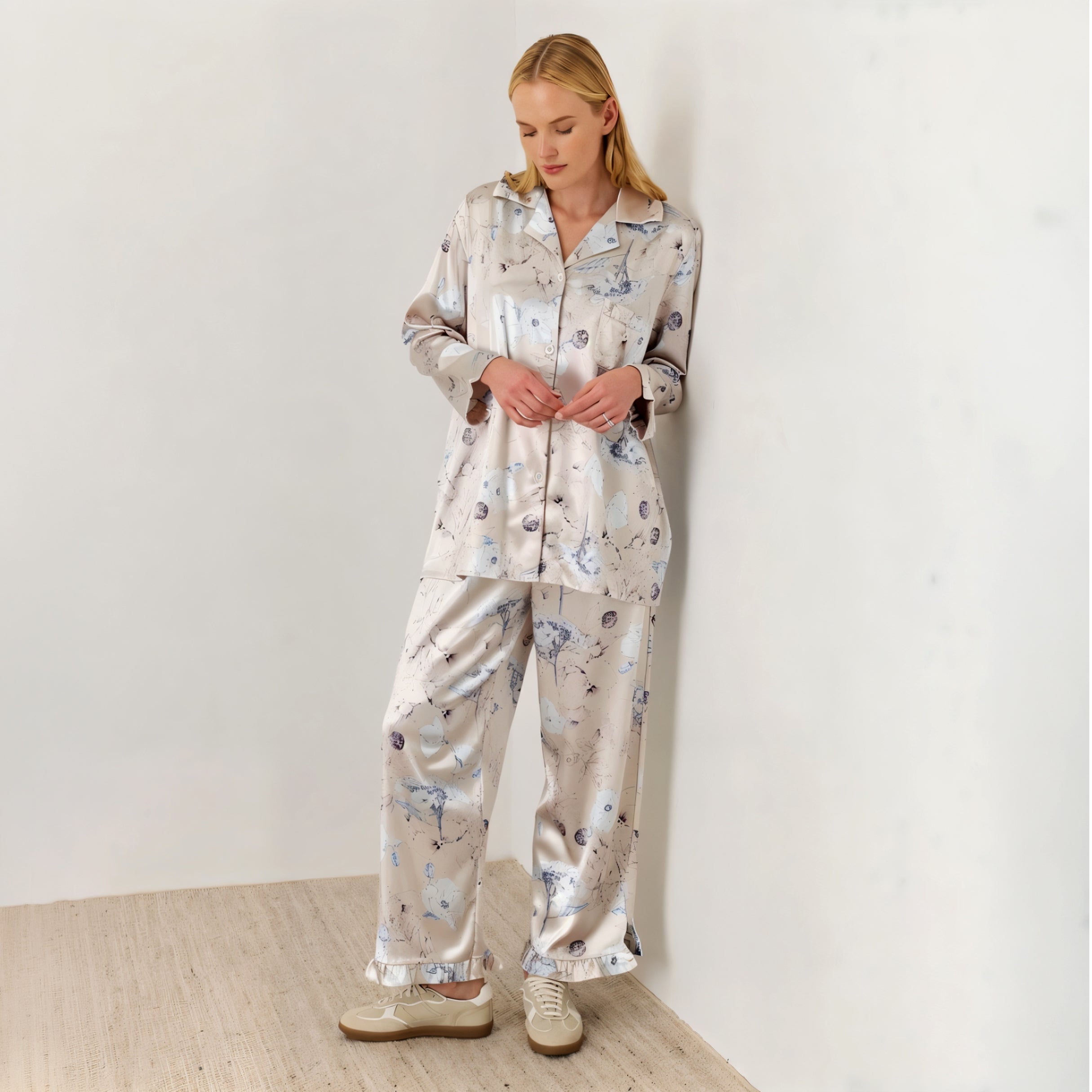 Moonlight Flora Silky Ruffled Pajama Set