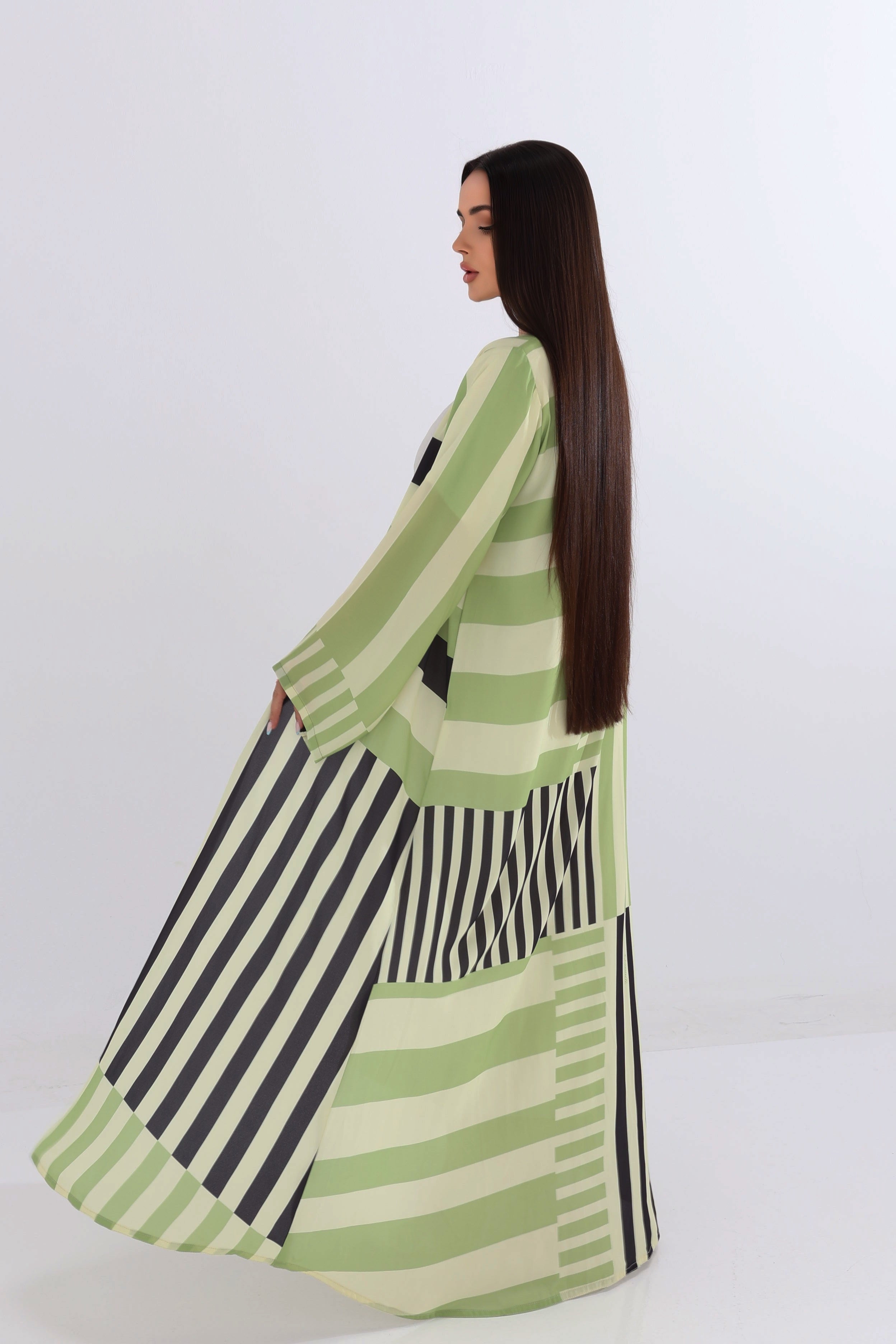 Mint Green Striped Abaya with Scarf