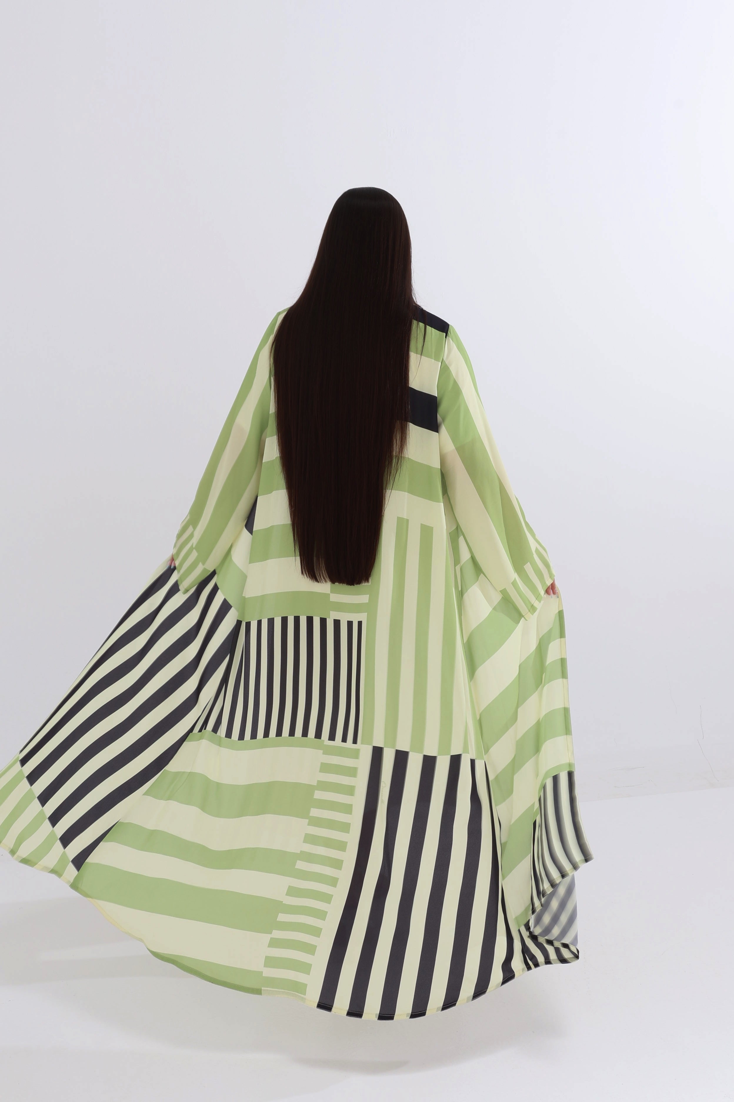 Mint Green Striped Abaya with Scarf