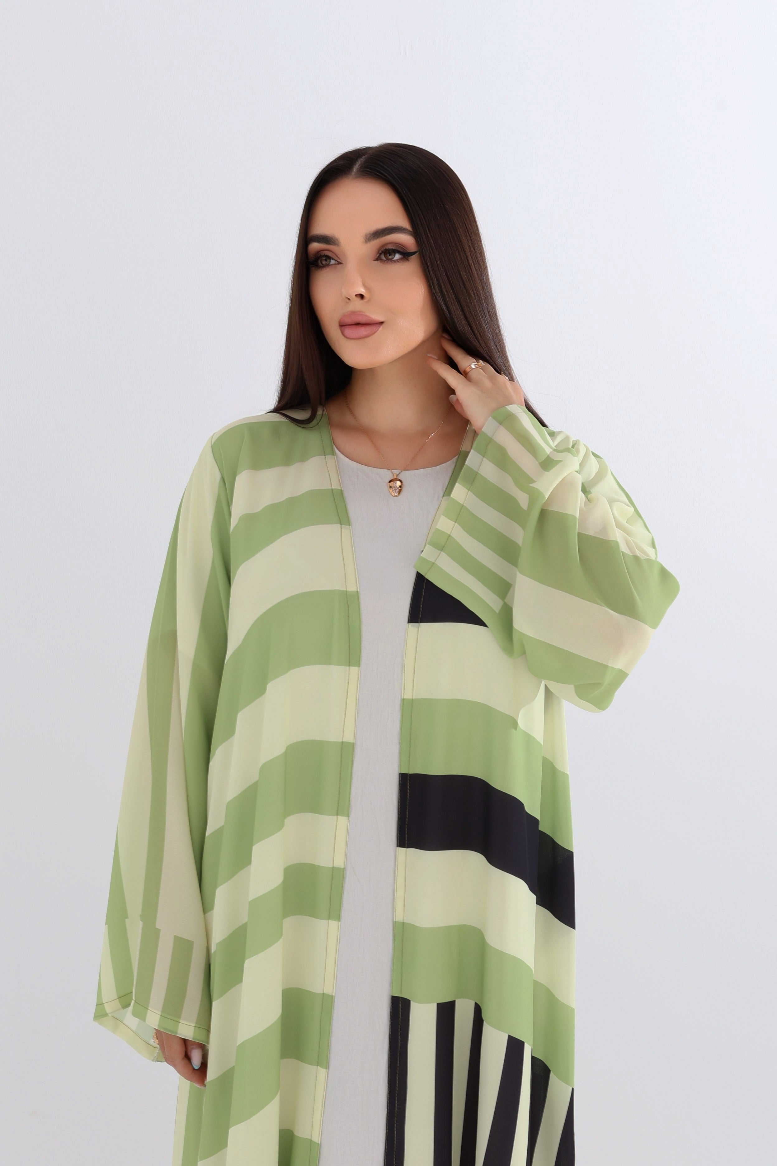 Mint Green Striped Abaya with Scarf