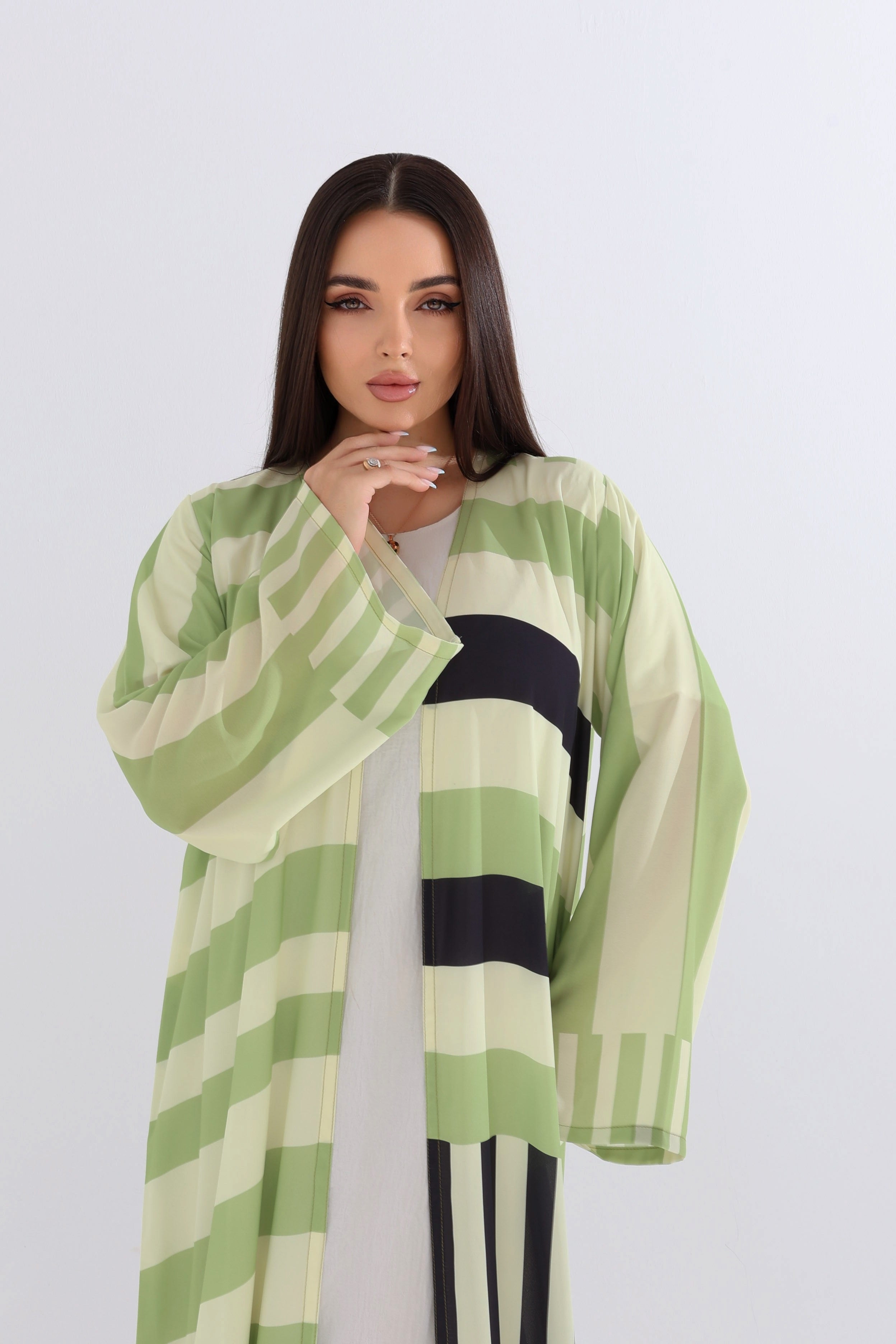 Mint Green Striped Abaya with Scarf