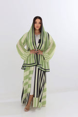 Mint Green Striped Abaya with Scarf