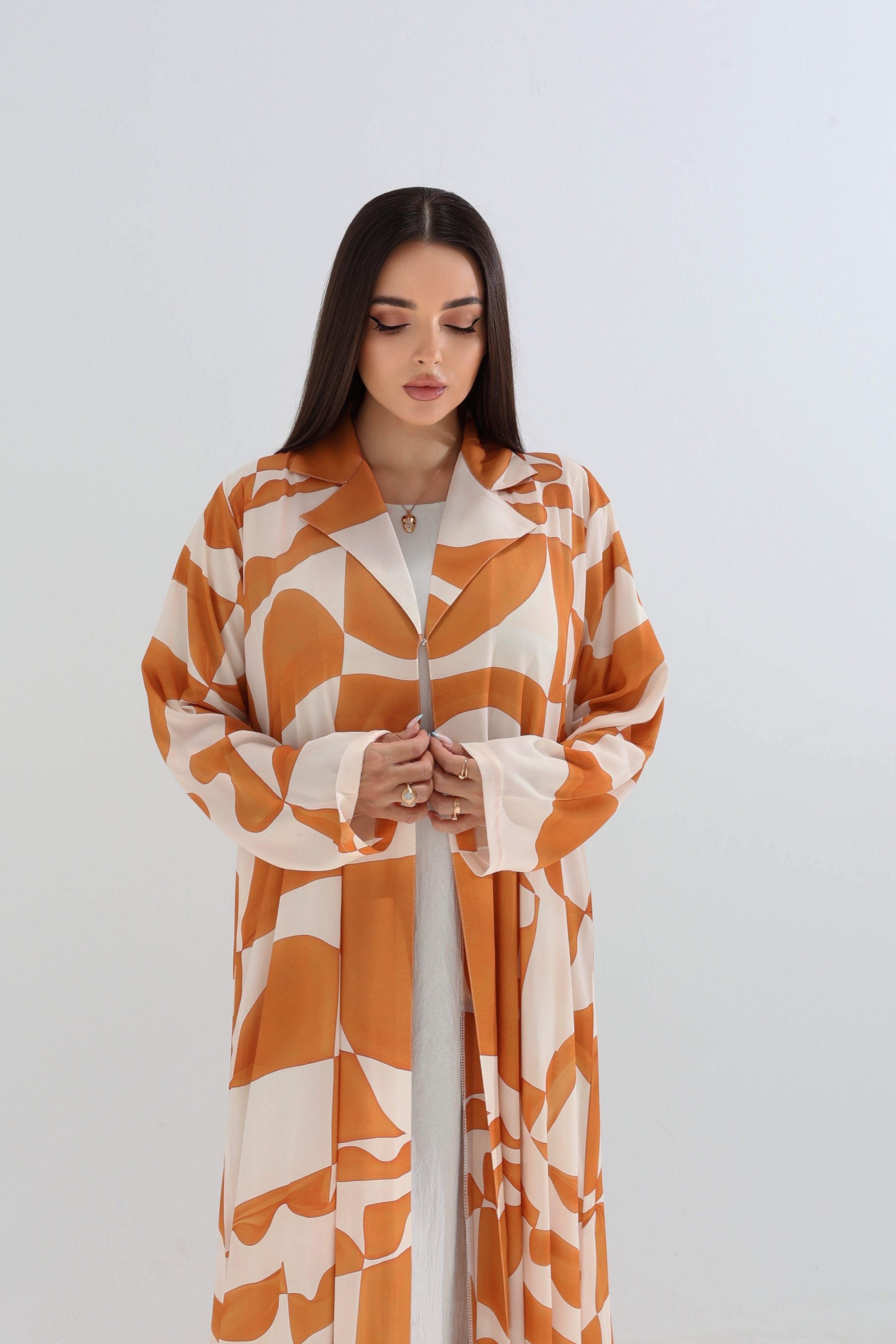 Citrus Wave Geometric Print Open Abaya