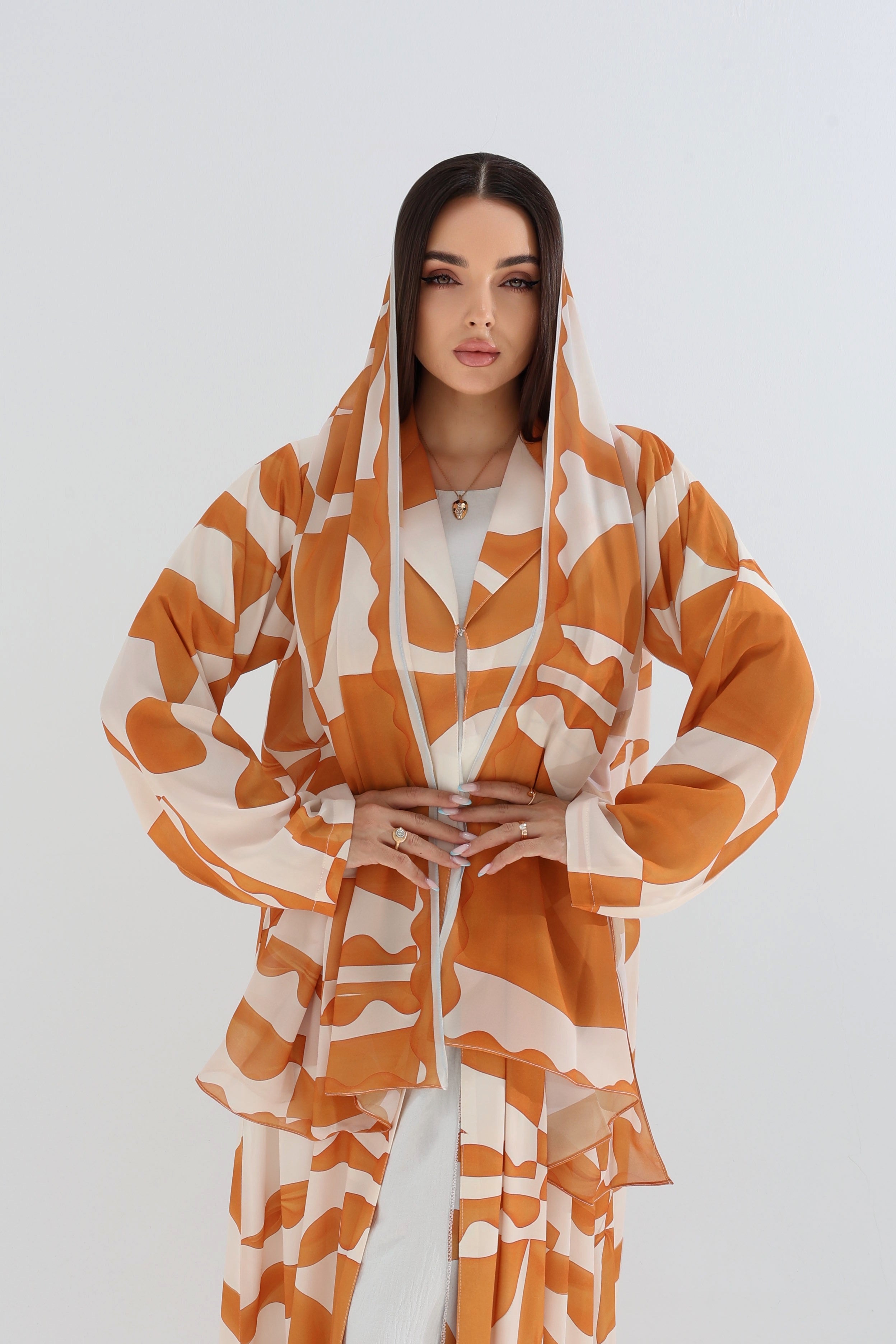 Citrus Wave Geometric Print Open Abaya