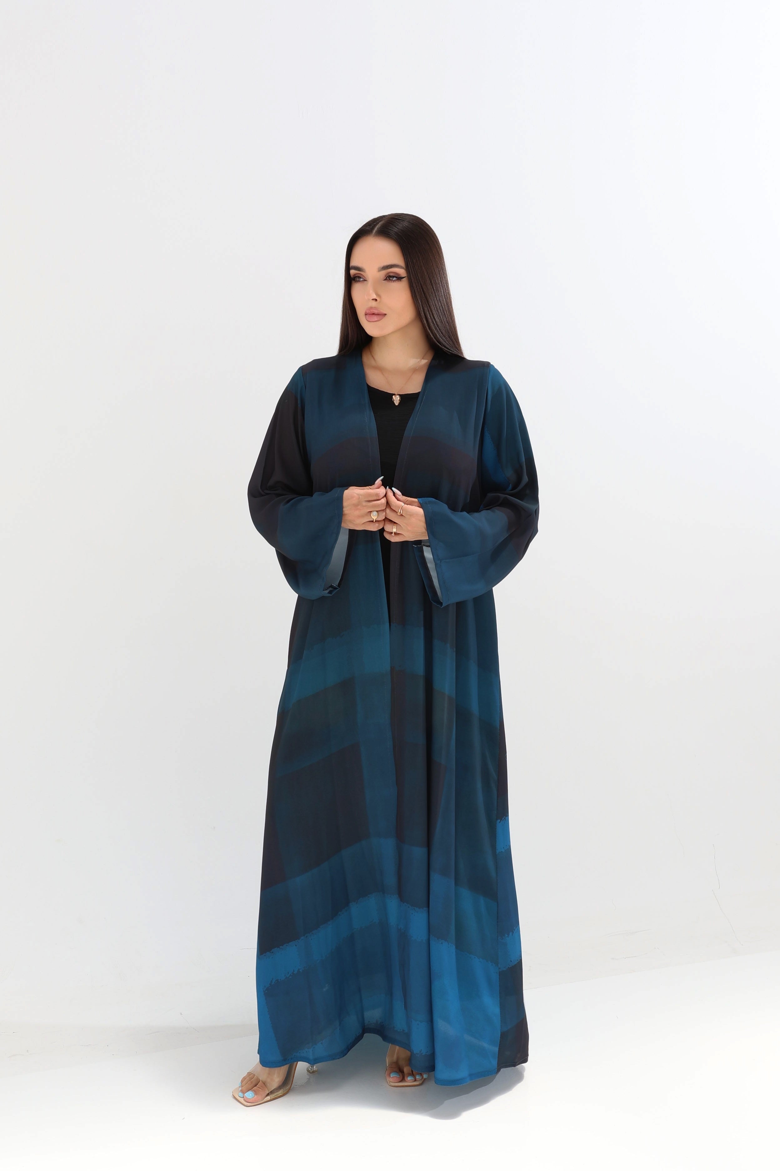 Ocean Blue Ombre Striped Open Abaya with Scarf