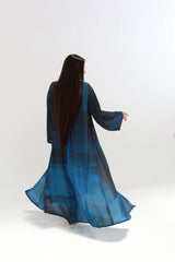 Ocean Blue Ombre Striped Open Abaya with Scarf