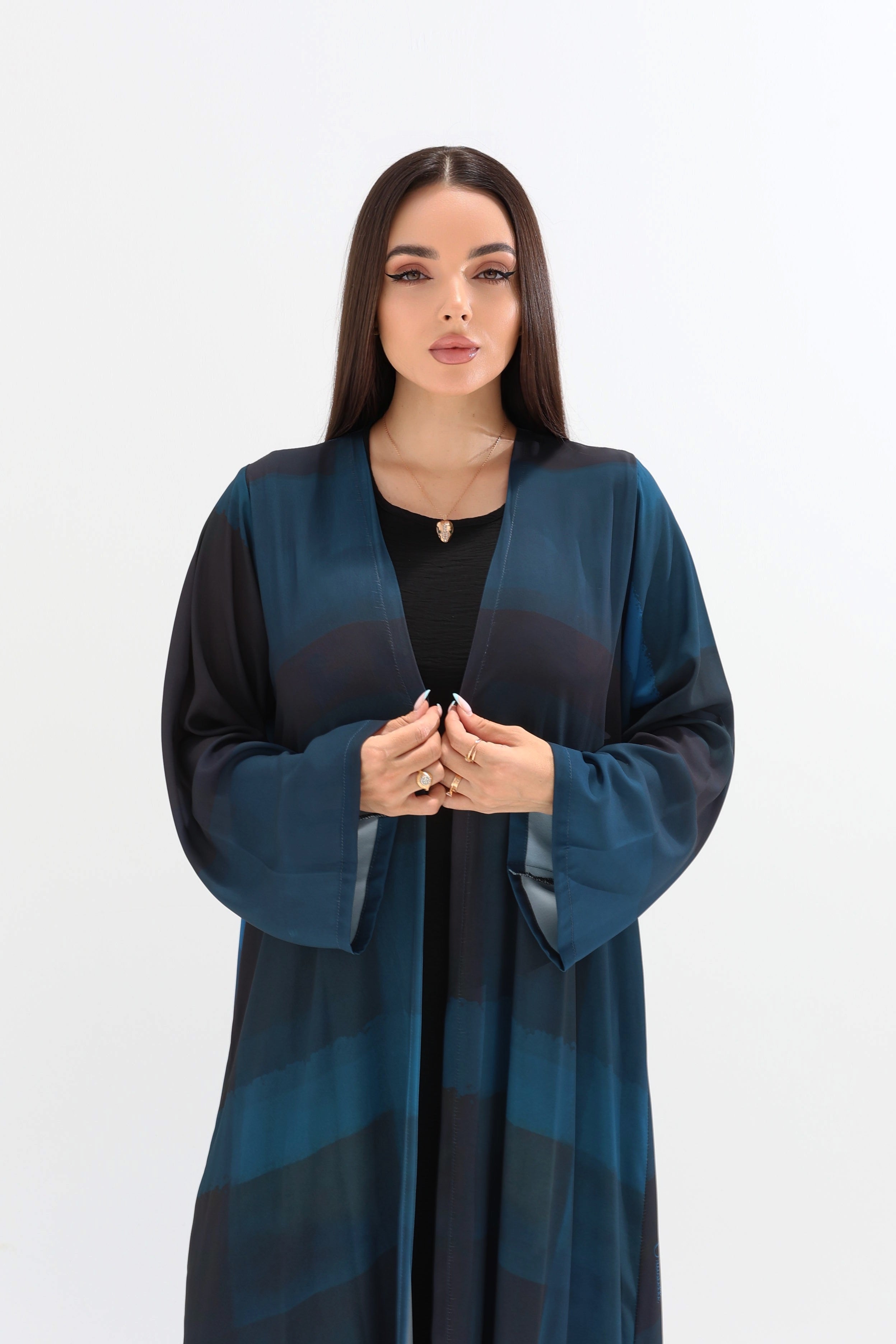 Ocean Blue Ombre Striped Open Abaya with Scarf
