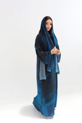 Ocean Blue Ombre Striped Open Abaya with Scarf
