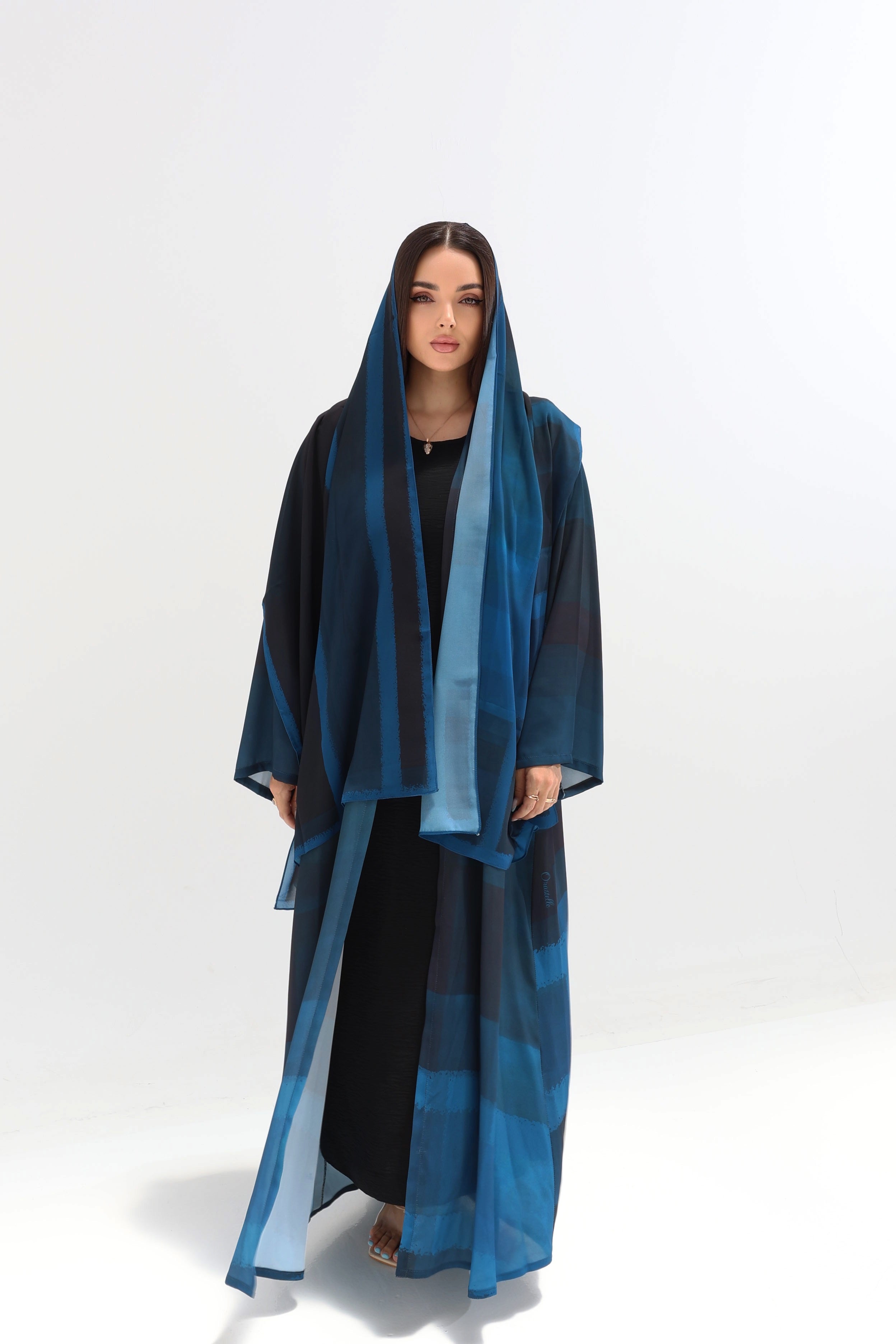 Ocean Blue Ombre Striped Open Abaya with Scarf