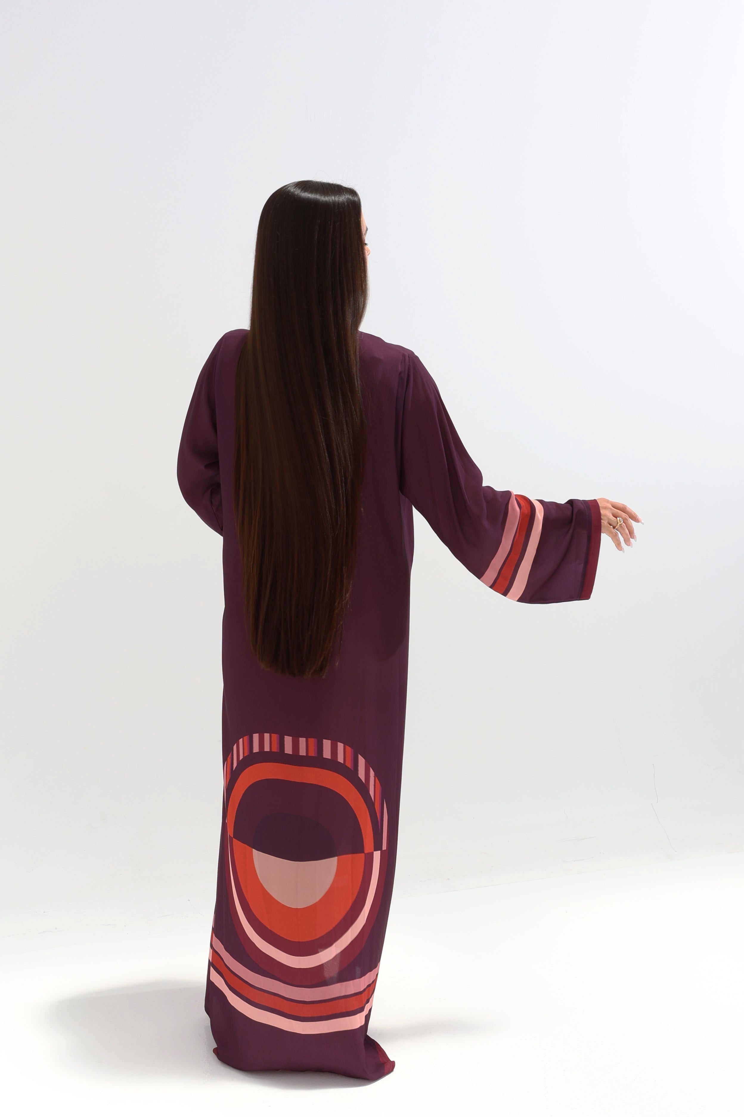 Royal Plum Geometric Trim Abaya with Scarf