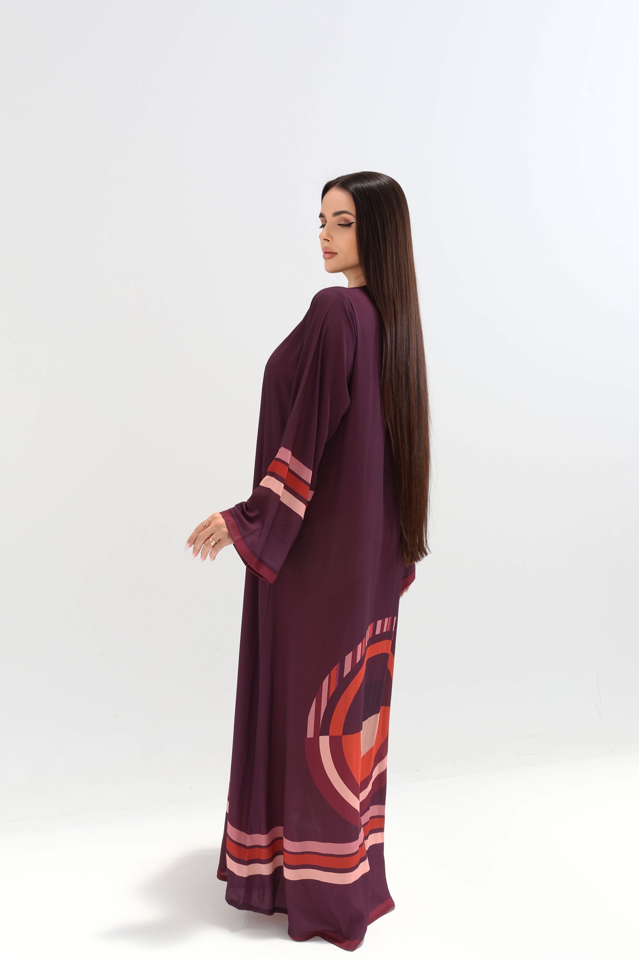 Royal Plum Geometric Trim Abaya with Scarf