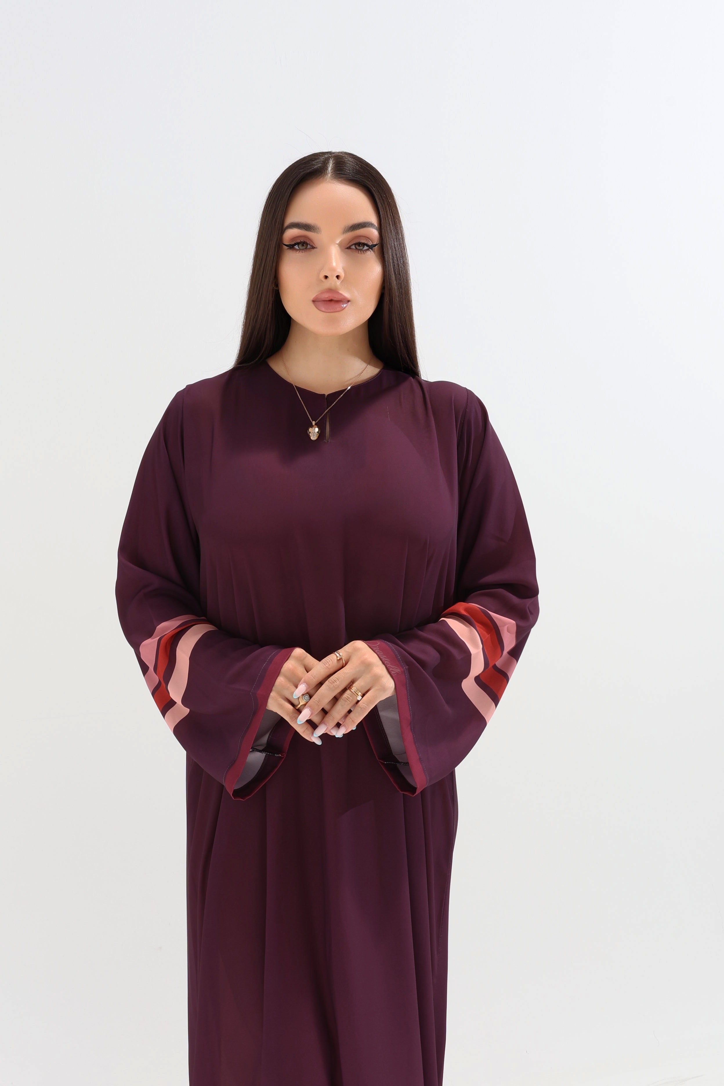 Royal Plum Geometric Trim Abaya with Scarf