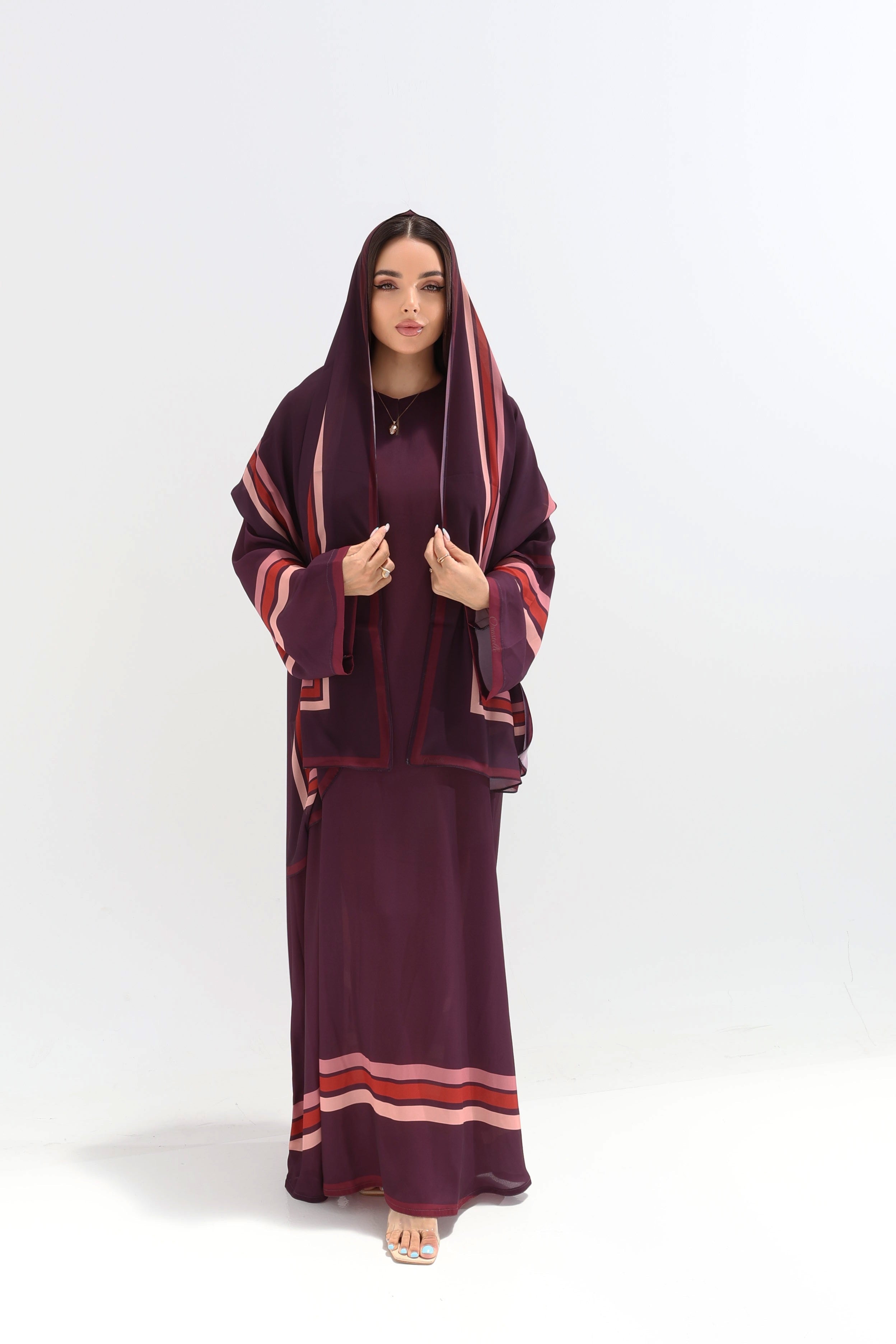 Royal Plum Geometric Trim Abaya with Scarf