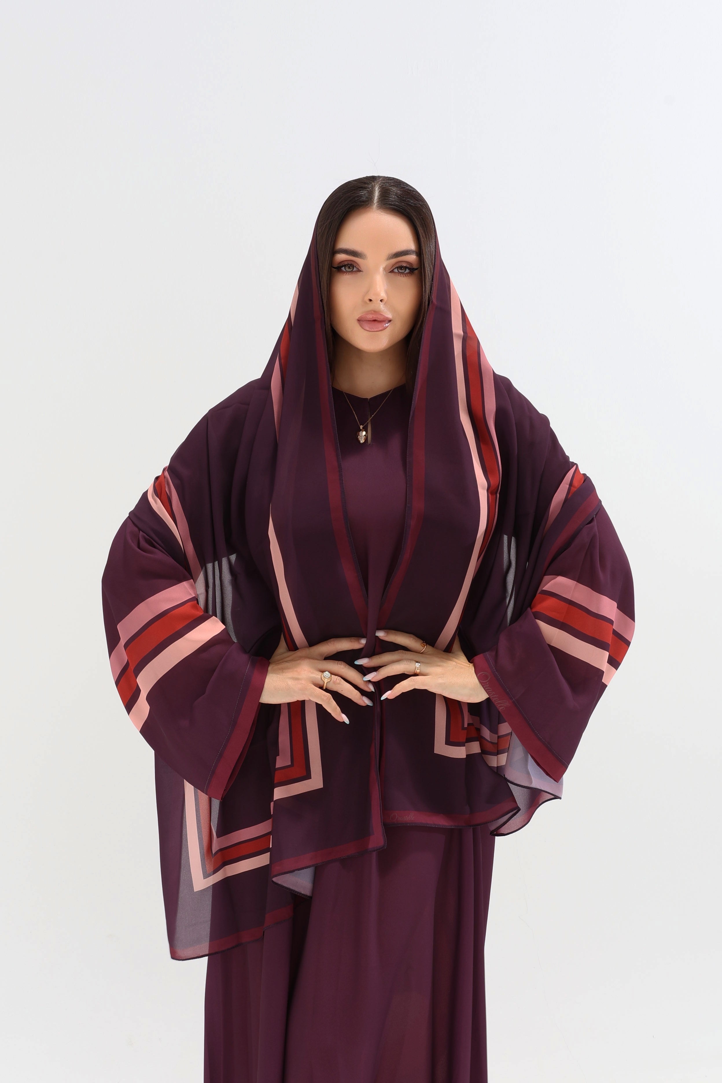Royal Plum Geometric Trim Abaya with Scarf