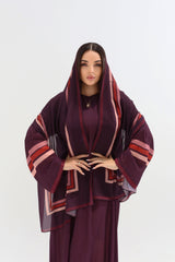 Royal Plum Geometric Trim Abaya with Scarf