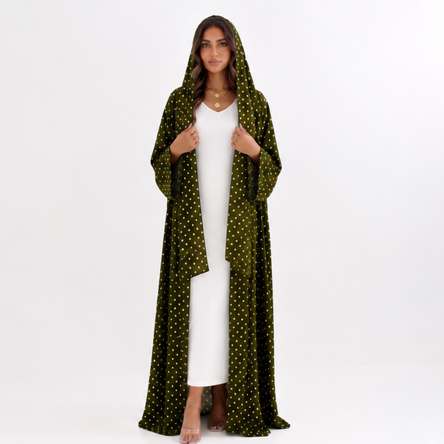 Olive Green Polka Dot Hooded Abaya