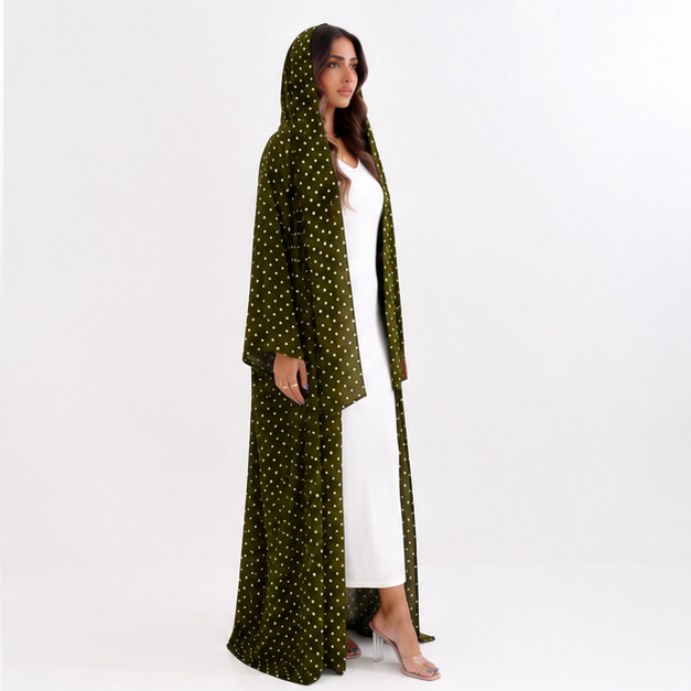 Olive Green Polka Dot Hooded Abaya