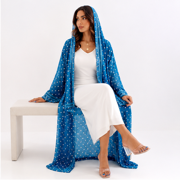 Deep Blue Polka Dot Hooded Abaya